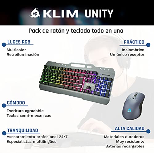 KLIM Unity - Teclado y Ratón Gaming Inalámbrico ESPAÑOL - Resistente, ergonómico, semimecánico + Teclado y ratón inalámbrico retroiluminado + Batería integrada de Larga duración + Nuevo 2022