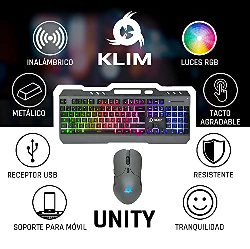 KLIM Unity - Teclado y Ratón Gaming Inalámbrico ESPAÑOL - Resistente, ergonómico, semimecánico + Teclado y ratón inalámbrico retroiluminado + Batería integrada de Larga duración + Nuevo 2022
