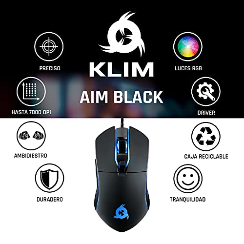 KLIM™ Aim - Ratón Gaming con Cable + Diseñado para Todos los Tamaños de Manos + Ratón Gamer RGB Personalizable, Programable, 500 a 7000 dpi + Agarre Ambidiestro + Compatible con PC y PS4 (Negro)