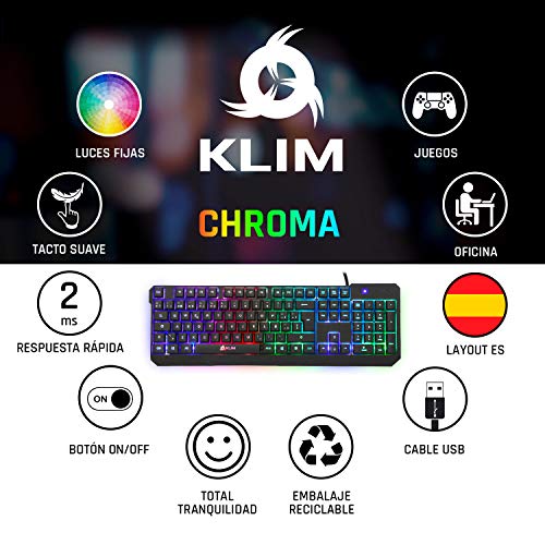 ⭐️KLIM™ Chroma - Teclado gaming ESPAÑOL + Teclado USB ligero, duradero, resistente al agua, ergonómico, silencioso + Teclado gamer con cable para PC PS4 Xbox One Mac + NUEVA VERSIÓN 2021 + Negro