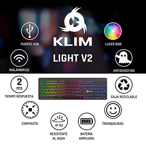 KLIM™ Light V2 Teclado Inalámbrico Gaming ESPAÑOL + Teclado Gaming Ligero, Duradero, Ergonómico, Silencioso + Batería de Larga duración + Teclado Gamer PC Mac PS4 Xbox One+ Nuevo 2022 + Negro