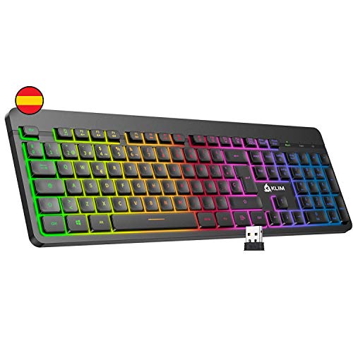 KLIM™ Light V2 Teclado Inalámbrico Gaming ESPAÑOL + Teclado Gaming Ligero, Duradero, Ergonómico, Silencioso + Batería de Larga duración + Teclado Gamer PC Mac PS4 Xbox One+ Nuevo 2022 + Negro