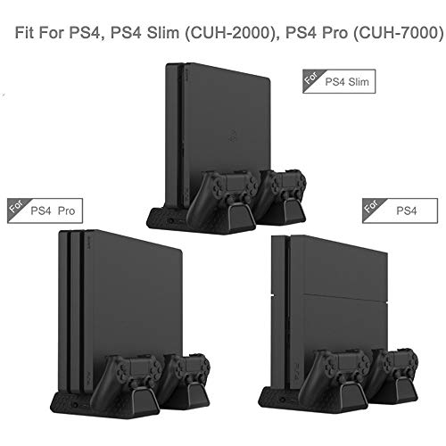 KONKY Soporte Vertical para PS4/PS4 Slim/Pro, Base PS4 con 3 Ventiladores Refrigeración, Cargador Controlador PS4 y 12pcs Almacenamiento de Discos, ( Cable USB Incluido )