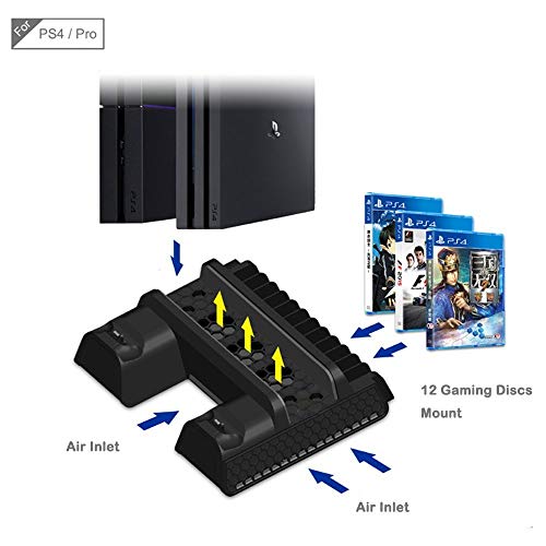 KONKY Soporte Vertical para PS4/PS4 Slim/Pro, Base PS4 con 3 Ventiladores Refrigeración, Cargador Controlador PS4 y 12pcs Almacenamiento de Discos, ( Cable USB Incluido )