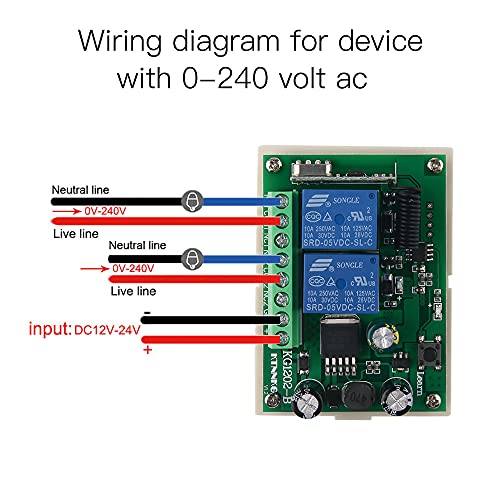 KTNNKG 2 Canales DC12V 433MHz Interruptor de Relé de Control Remoto con 2 Transmisores, 50m-100m Distancia de Trabajo, KG1202-B