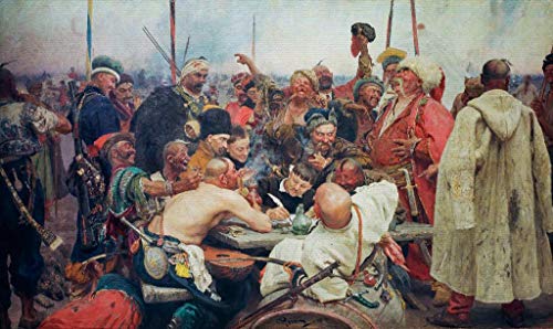 Kunst für Alle Cuadro en Lienzo: Ilya Efimovich Repin The Zaporozhye Cossacks Writing a Mocking Letter to The Turkish Sultan Mehmet IV - Impresión artística, Lienzo en Bastidor, 75x45 cm