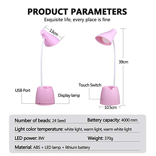 Lámpara escritorio, Flexo LED Escritorio con 3 Modos de Iluminación y 10 Niveles de Brillo, Rotación Regulable de 360 ​​° Para Leer, Estudiar, Trabajar (Rosado)