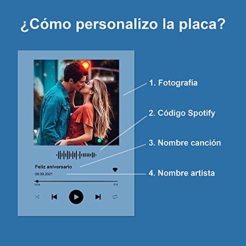 Lámpara Spotify 3D Led con foto personalizada de Transparent Gift | Cuadro de metacrilato con luz nocturna ajustable | El regalo original parejas, novios, mejores amigos y niños 10x15