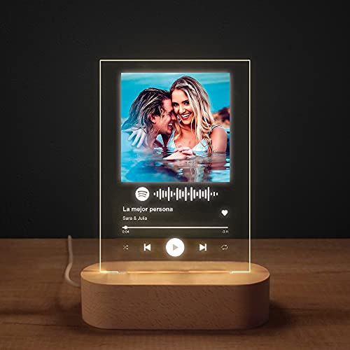 Lámpara Spotify 3D Led con foto personalizada de Transparent Gift | Cuadro de metacrilato con luz nocturna ajustable | El regalo original parejas, novios, mejores amigos y niños 10x15