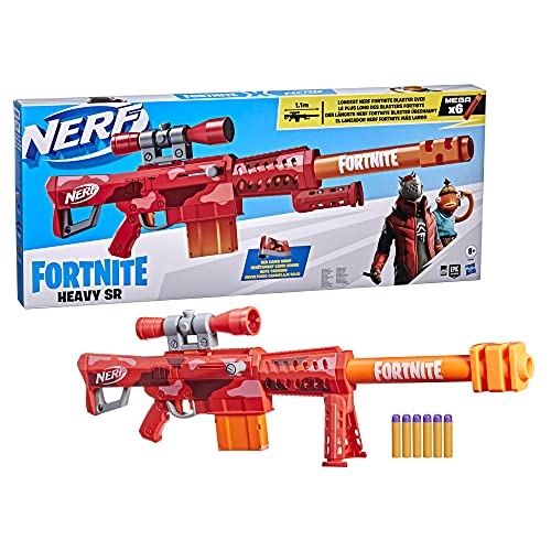 Lanzador Heavy SR de Nerf Fortnite, el Lanzador de Nerf Fortnite más Largo de la Historia, mira Desmontable, 6 Mega Dardos Nerf, Clip de 6 Dardos