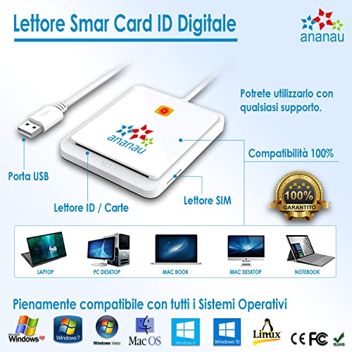 Lector Smart Card Firma Digital Tarjeta Identidad Tarjeta Electrónica Tarjeta Sanitaria Inps Aruba Reader Schede Dispositivo Compatible Apple Mac Windows Computer Sim Memory Cable USB Portátil Blanco