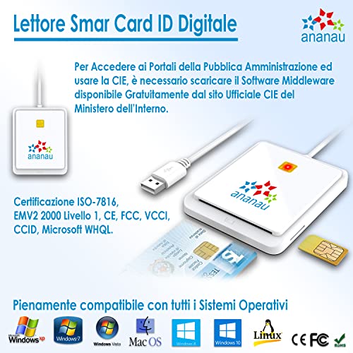 Lector Smart Card Firma Digital Tarjeta Identidad Tarjeta Electrónica Tarjeta Sanitaria Inps Aruba Reader Schede Dispositivo Compatible Apple Mac Windows Computer Sim Memory Cable USB Portátil Blanco