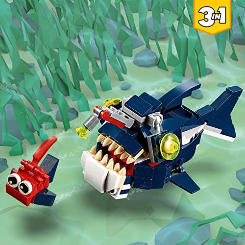 LEGO 31088 Creator 3en1 Criaturas del Fondo Marino: Tiburón, Cangrejo y Calamar o Pez Abisal, Juguete para Niños con Figuras de Animales