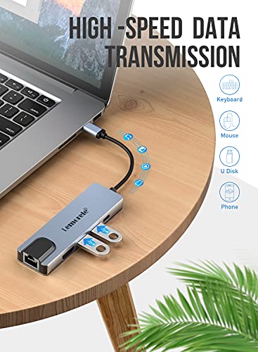 Lemorele Hub USB C con Ethernet - 5 en 1, Aluminio Espacial Adaptador USB C Hub con HDMI 4K, 2 USB 3.0, Carga Súper Rápida de 100W, Compatible MacBook Air/Pro M1, iPad M1, Chromecast, Switch, Windows