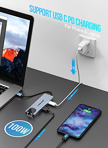 Lemorele Hub USB C con Ethernet - 5 en 1, Aluminio Espacial Adaptador USB C Hub con HDMI 4K, 2 USB 3.0, Carga Súper Rápida de 100W, Compatible MacBook Air/Pro M1, iPad M1, Chromecast, Switch, Windows