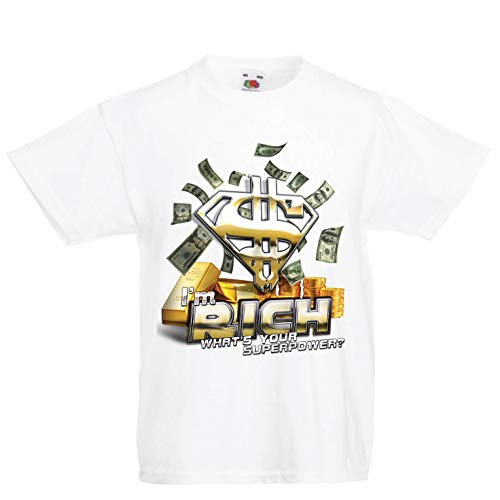 lepni.me Camiseta para Niño/Niña Soy Rico, ¿cuál es tu Superpotencia, el superhéroe del USD? (5-6 Years Blanco Multicolor)