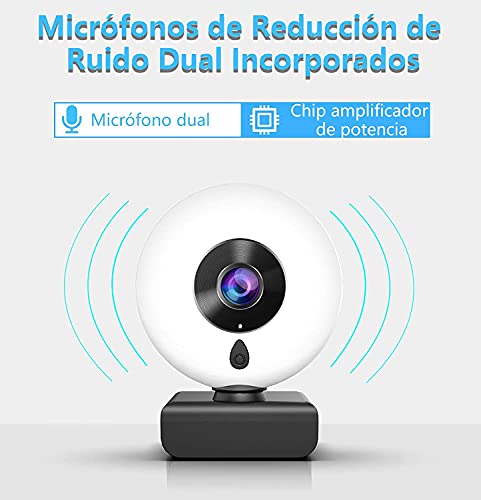 lesvtu 2K HD Webcam con Micrófono y Anillo de Luz, Camara Web con Cover y Tripode para PC/Mac/Ordenador Portatil/Sobremesa, Web CAM para Youtube, Skype, Zoom, Xbox One, PS4 y Videoconferencia