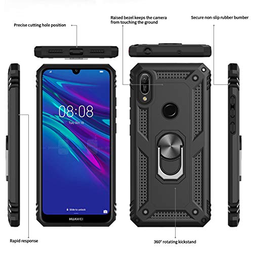 LeYi Funda Huawei Honor 8A / Y6 2019 con [2-Unidades] Cristal Vidrio Templado,Armor Carcasa con 360 Grados Anillo iman Soporte Hard PC y Silicona TPU Bumper Antigolpes Case para Movil Y6 2019,Negro