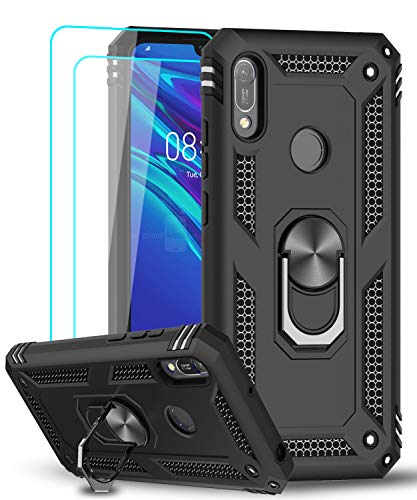 LeYi Funda Huawei Honor 8A / Y6 2019 con [2-Unidades] Cristal Vidrio Templado,Armor Carcasa con 360 Grados Anillo iman Soporte Hard PC y Silicona TPU Bumper Antigolpes Case para Movil Y6 2019,Negro
