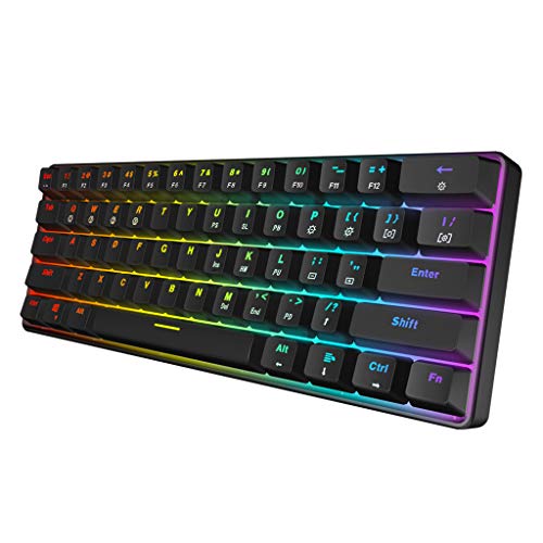 Liaobeiotry LED RGB Teclado retroiluminado mecánico USB con cable, teclado de juego, Rainbow LED Glow Light Keys, Plug & Play, Mini Juegos Teclado Impermeable 61 Teclas Gateron Switchs para PC Mac