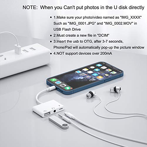 Lighting Adaptador audio USB, Adaptador Lector Cámara USB 3 en 1 con Puerto de Carga Rápida + Conector para Auriculares de 3,5 mm, Lector de Tarjetas de Soporte, para Phone 12/11 Xs XR X 8 7 6 / Pad