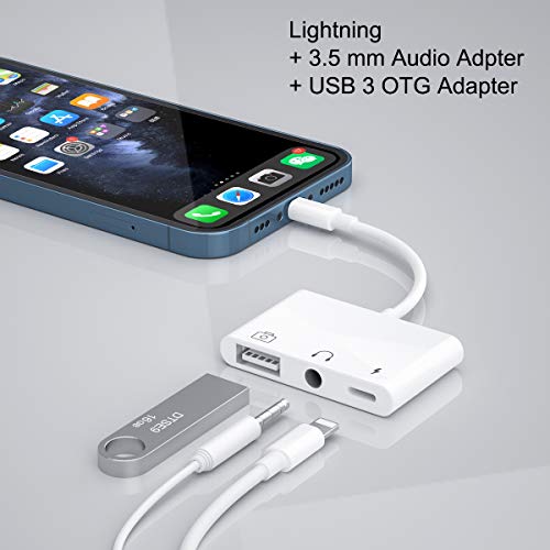 Lighting Adaptador audio USB, Adaptador Lector Cámara USB 3 en 1 con Puerto de Carga Rápida + Conector para Auriculares de 3,5 mm, Lector de Tarjetas de Soporte, para Phone 12/11 Xs XR X 8 7 6 / Pad