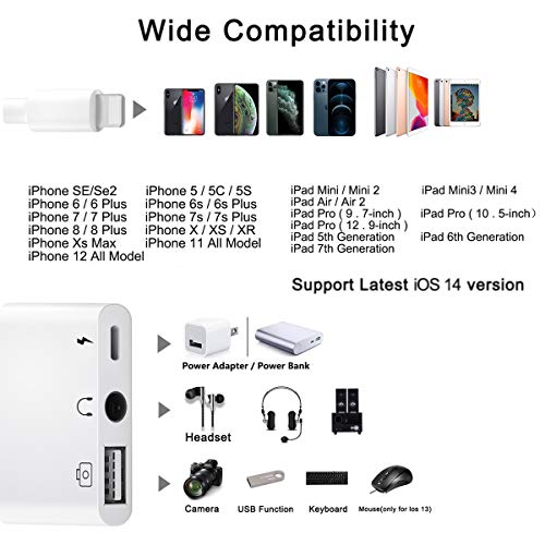 Lighting Adaptador audio USB, Adaptador Lector Cámara USB 3 en 1 con Puerto de Carga Rápida + Conector para Auriculares de 3,5 mm, Lector de Tarjetas de Soporte, para Phone 12/11 Xs XR X 8 7 6 / Pad