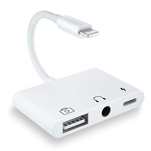 Lighting Adaptador audio USB, Adaptador Lector Cámara USB 3 en 1 con Puerto de Carga Rápida + Conector para Auriculares de 3,5 mm, Lector de Tarjetas de Soporte, para Phone 12/11 Xs XR X 8 7 6 / Pad