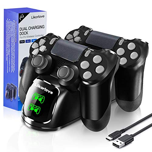 Likorlove Cargador Mando PS4 Charging Station Estación de Carga Controlador Inalámbrico con Indicador LED y Cable USB para Sony Dualshock 4 / Playstation 4 /Pro/Slim