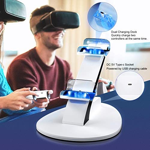 Likorlove Cargador PS5 - Cargador Mando PS5 - Estacion Base de Carga Rapida de 2 Capas para Videojuegos DualSense Sony Playstation 5 Mando Inalámbrico - con Cable USB Tipo C y LED Luz Azul- Blanco