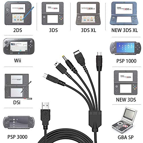 Link-e : Cable cargador USB 5 en 1 compatible con consolas Nintendo 3DS, DSI, GBA, DS Lite, mando de juego de Wii-U y Sony PSP