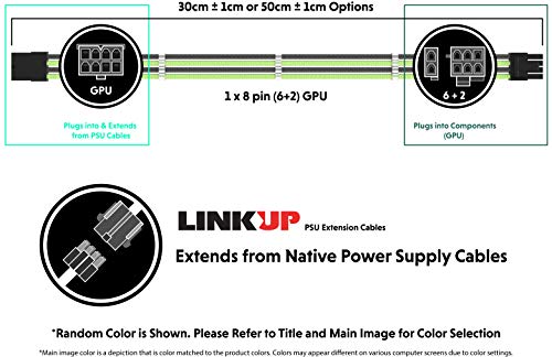 LINKUP - 50cm 8 Pines (6+2) GPU PCI-E Fuente de Alimentación PSU Cable de Extensión de PC Personalizado con Funda Trenzada y Peine┃Un Solo Paquete┃500mm - Blanco Negro