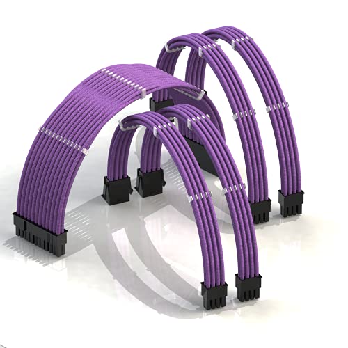 LINKUP - 50cm Cable con Manguito - Prolongación de Cable para Fuente de Alimentación con Kit de Alineadores┃1x 24P (20+4) MB┃2X 8P (4+4) CPU┃2X 8P (6+2) GPU┃500mm - Púrpura