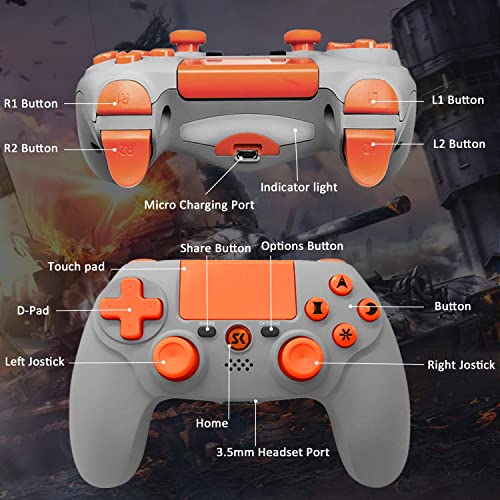 Lioeo Mando para PS4 Inalambricos, Gamepad Controller para Playstation 4 Inalámbrico de Doble Vibración Six-Axis con Touch Pad y Conector de Audio 3,5mm para Playstation 4 / PS3 / PC (Naranja Gris)