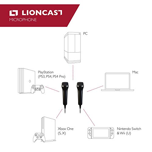 Lioncast 2X Micrófonos USB Universal para Ordenador y Karaoke; Compatible con Juegos de Wii, PS3, PS4, Xbox One y PC como Guitar Hero, Rock Star, etc ; Cable de 2,5 m - Negro