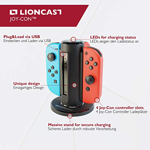LIONCAST Base de Carga para Joy-con - Dock de Carga para 4 Mandos - Compatible con los Controles de Nintendo Switch - Luces Indicadoras de Estado de Carga, Fondo Fuerte - Accesorios de Juego