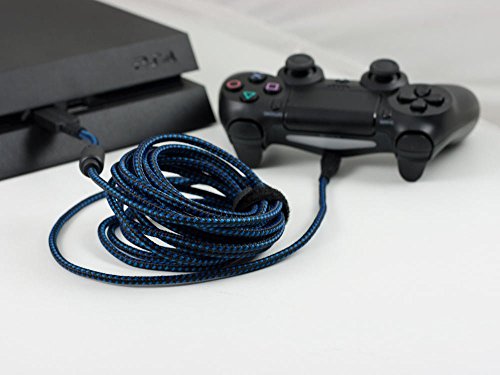 Lioncast Cable de Carga para Controladores Xbox One y PS4 con Forro de Tela y Organizador de Correa para Cable, MicroUSB 2.0; 1 x 4 metros - Azul y Negro