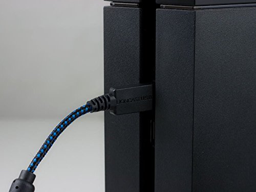 Lioncast Cable de Carga para Controladores Xbox One y PS4 con Forro de Tela y Organizador de Correa para Cable, MicroUSB 2.0; 1 x 4 metros - Azul y Negro