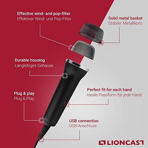 Lioncast Micrófono USB Universal para Ordenador y Karaoke; Compatible con Juegos de Wii, PS3, PS4, Xbox One y PC como Guitar Hero, Rock Star, etc ; Cable de 2,5 m - Negro