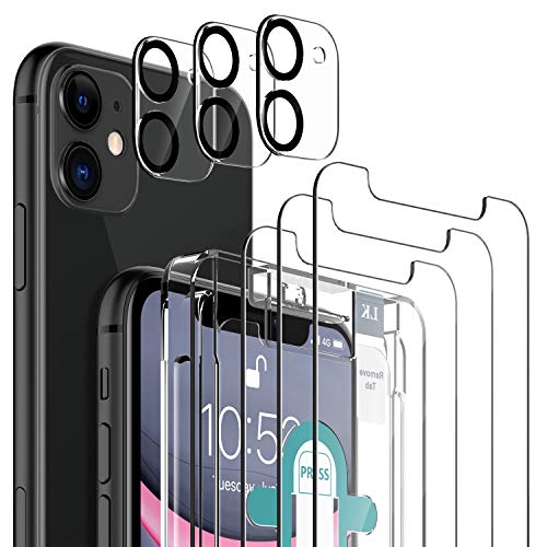 LK 6 Pack Protector de Pantalla Compatible con iPhone 11 6.1 Pulgadas,Contiene 3 Pack Cristal Vidrio Templado y 3 Pack Protector de Lente de cámara, Doble Protección,Marco de Posicionamiento