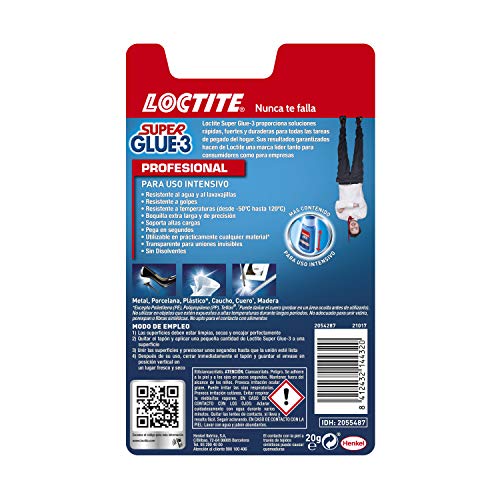 Loctite Super Glue-3 Profesional, pegamento universal triple resistencia, adhesivo para uso intensivo, pegamento instantáneo, transparente y extrafuerte, 1x20 g