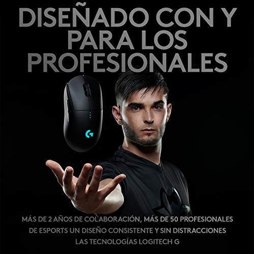 Logitech G PRO Ratón Gaming Inalámbrico, Captor HERO 25K, 25,600 DPI, RGB, Ultra-ligero, Peso Reducido, 4-8 Botones Programables, Batería Larga Duración, POWERPLAY-compatibile, PC/Mac - Negro