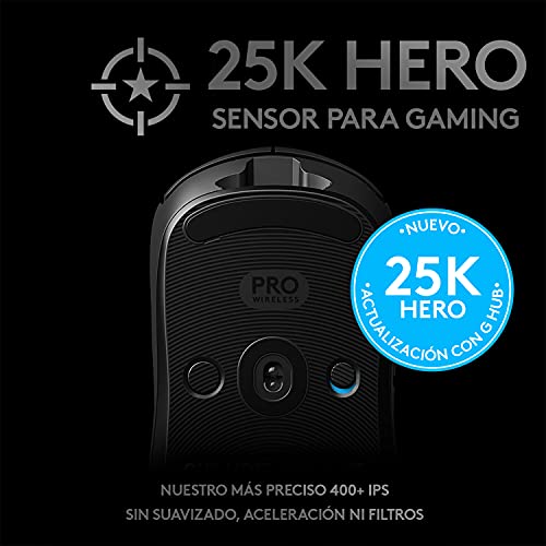 Logitech G PRO Ratón Gaming Inalámbrico, Captor HERO 25K, 25,600 DPI, RGB, Ultra-ligero, Peso Reducido, 4-8 Botones Programables, Batería Larga Duración, POWERPLAY-compatibile, PC/Mac - Negro