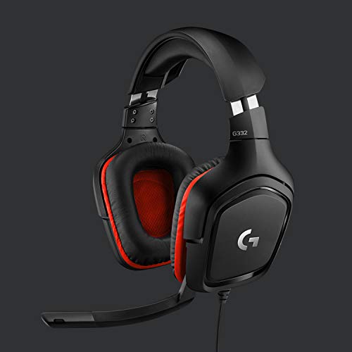 Logitech G332 Auriculares Gaming con Cable, Transductores 50 mm, Almohadillas Giratorias Cuero Sintético, 3,5 mm Jack, Mic Volteable para Silenciar, Ultra-Ligero, PC/Xbox One/PS4/Switch - Negro/Rojo