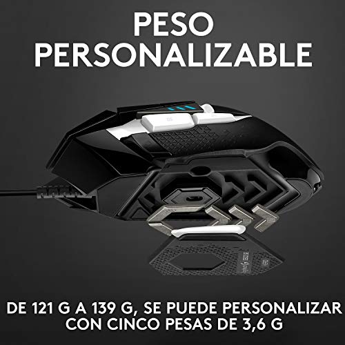 Logitech G502 HERO Ratón Gaming Edición Especial con Cable Alto Rendimiento, Captor HERO 25K, 25,600 DPI, RGB, Peso Personalizable, 11 Botones Programables, PC/Mac - Blanco y Negro