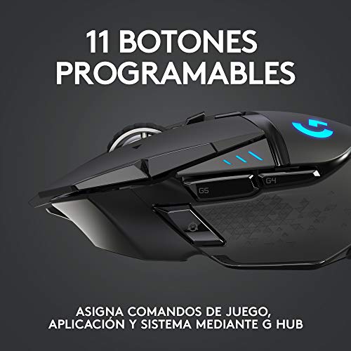 Logitech G502 LIGHTSPEED Ratón Gaming Inalámbrico, Captor HERO 25K, 25,600 DPI, RGB, Peso Reducido, 11 Botones Programables, Batería Larga Duración, POWERPLAY-compatibile, PC, Negro