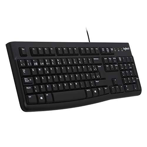 Logitech K120 Teclado con Cable Business para Windows, Tamaño Normal, Resistante a Líquido, Barra Espaciadora Curvada, PC/Portátil, Disposición QWERTY Español, color Negro