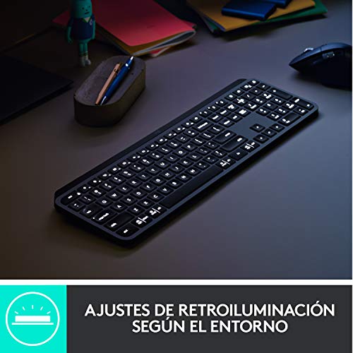 Logitech MX Keys Advanced Teclado Inalámbrico, Bluetooth, Clara Respuesta Táctil, Retroiluminación, USB-C, PC/Mac/Portátil, Windows/Linux/IOS/Android, Disposición QWERTY Español, color Negro