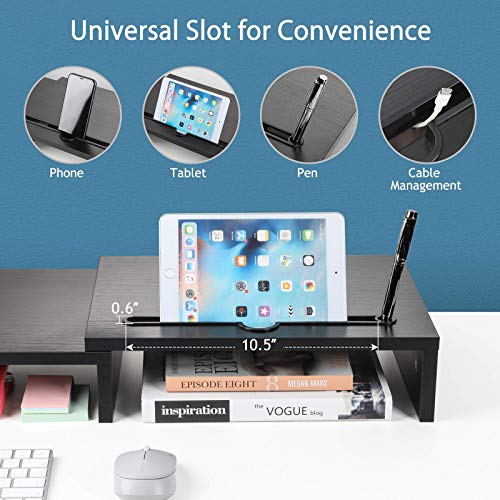 LORYERGO Monitor Soporte Madera Elevador Con Longitud y Ángulos Ajustables 2 ranuras funcionales adicionales Organizador de escritorio PC ordenador portátil Impresora