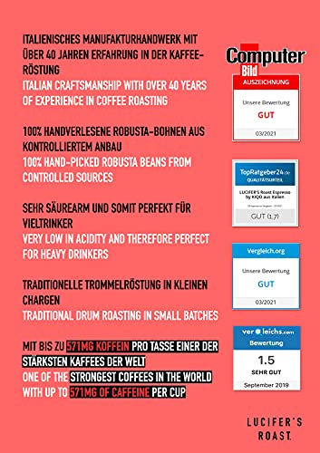 LUCIFER'S ROAST Espresso de KIQO de Italia - 1kg café extremadamente fuerte - bajo en ácido - 100% Robusta - 571 mg de cafeína por taza (grano de café, 1000g)